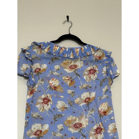 SILK Paige Women's Blue Floral Ruffle Sheer Blouse Top Size Small Flutter Sleeve - Picture 7 of 10